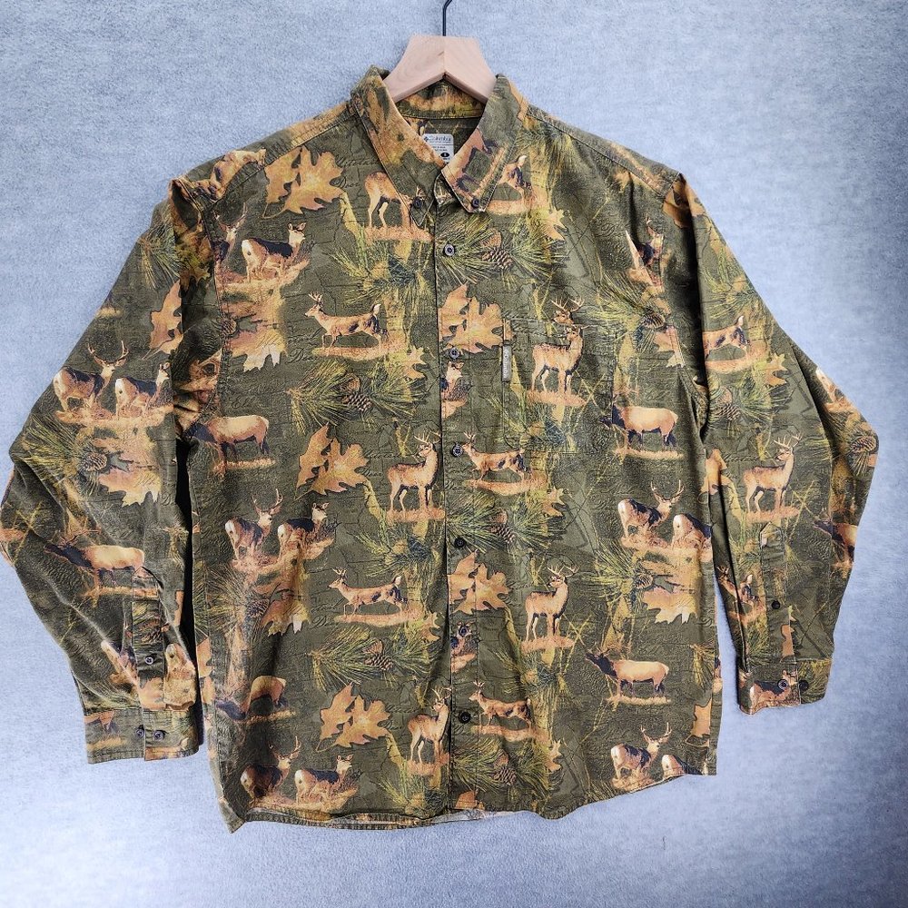 Columbia Mens Shirt Large Green PHG Deer All Over Print Hunting Animals Nature